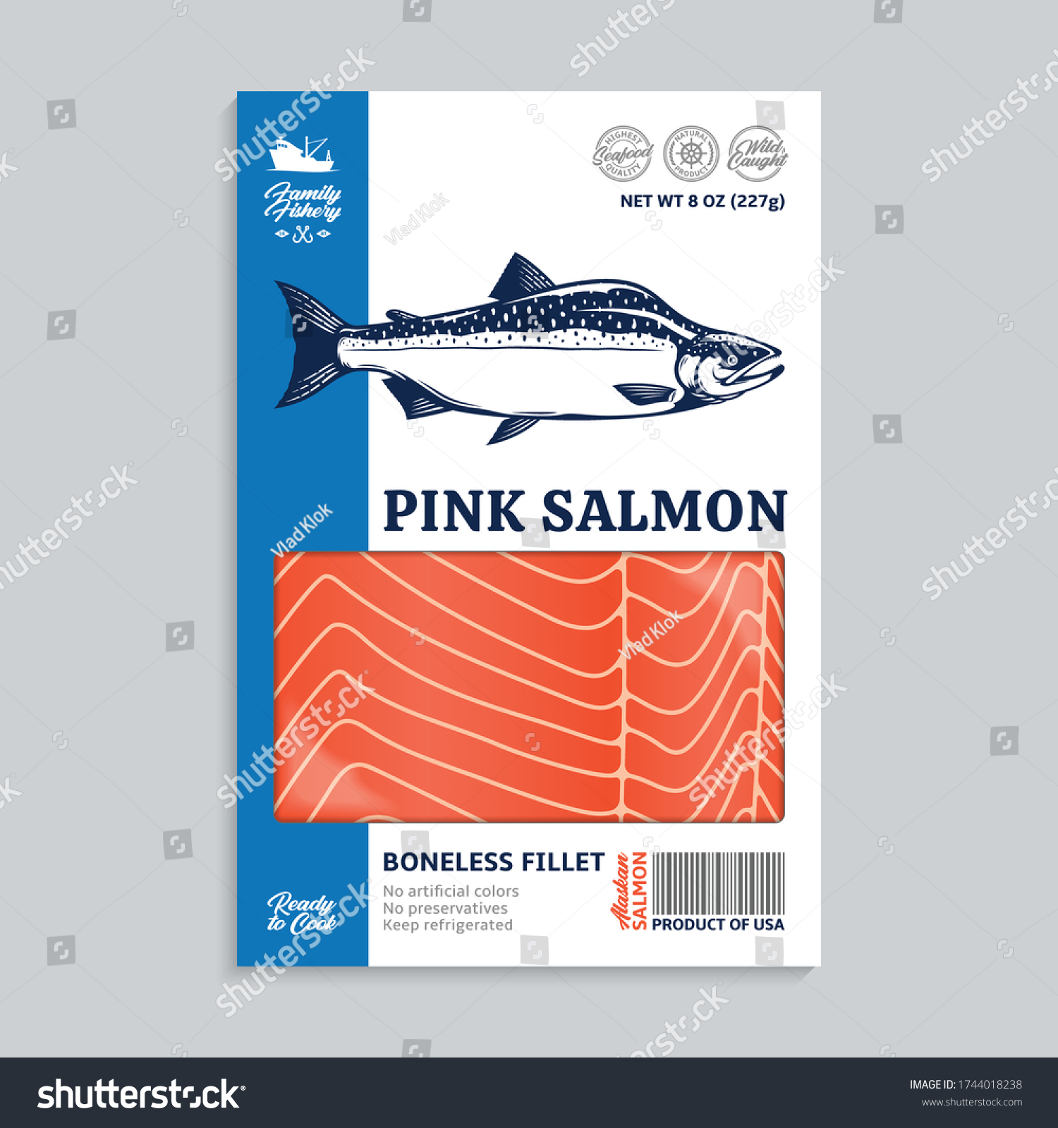 Vector Alaskan pink salmon packaging design concept. Modern style seafood illustration. Raw salmon slices in a package on a grey background