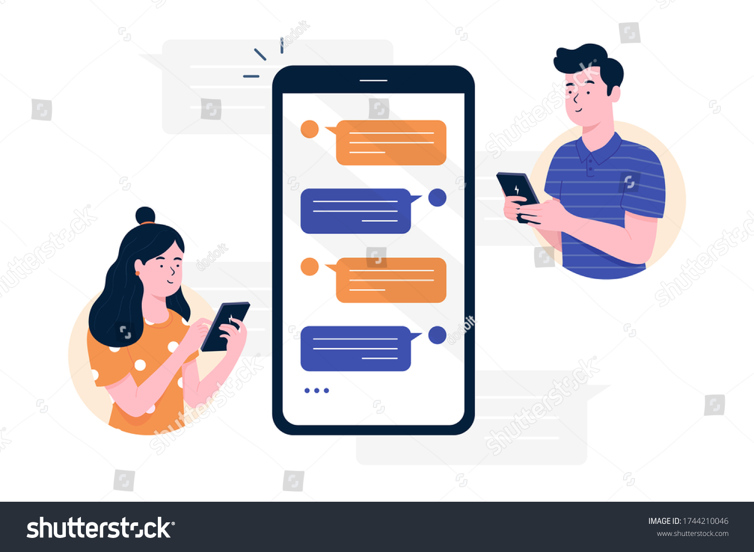 Chat messages smartphone  Sms on mobile phone screen. Man  woman couple chatting  Messaging using chat app or social network. Two persons cellphone conversation sending messages. vector illustration.
