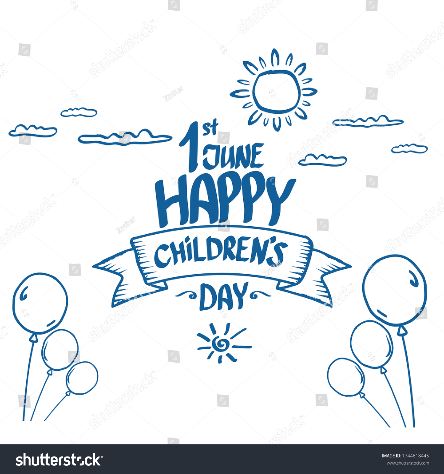 1 june international childrens day cartoon doodle art style banner background. happy Children day greeting cad  icon or label. Cartoon kids day poster. Children day hand drawn banner design