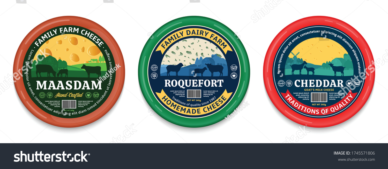 Vector cheese round labels and packaging design elements. Different types of cheese detailed patterns. Dairy farm illustrations with cows  sheep and goats
