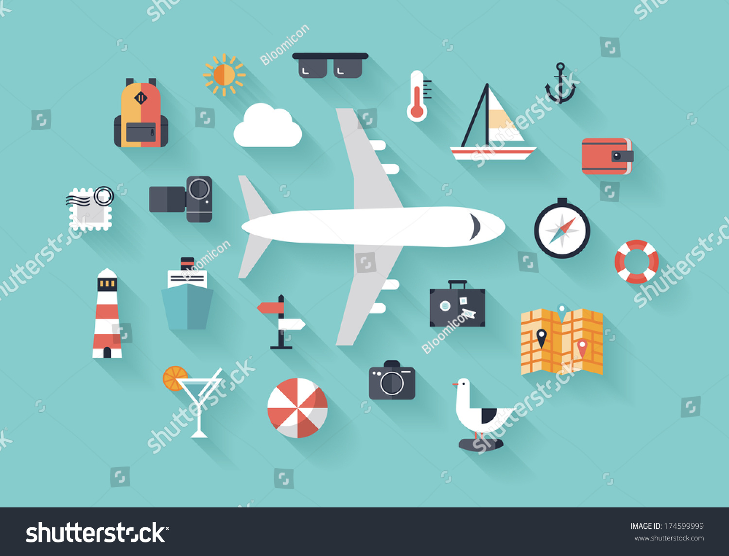 Flat design style modern vector illustration icons set of traveling on airplane  planning a summer vacation  tourism and journey objects and passenger luggage. Isolated on stylish background.