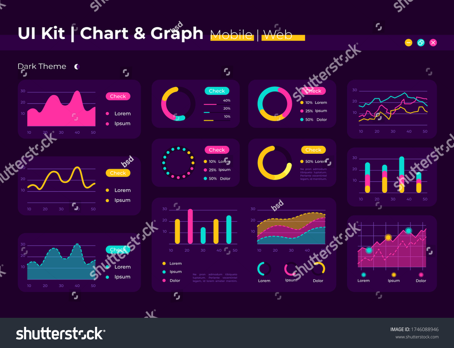 Chart UI elements kit. Diagram for data analysis. Graph isolated vector icon  bar and dashboard template. Web design widget collection for mobile application with dark theme interface