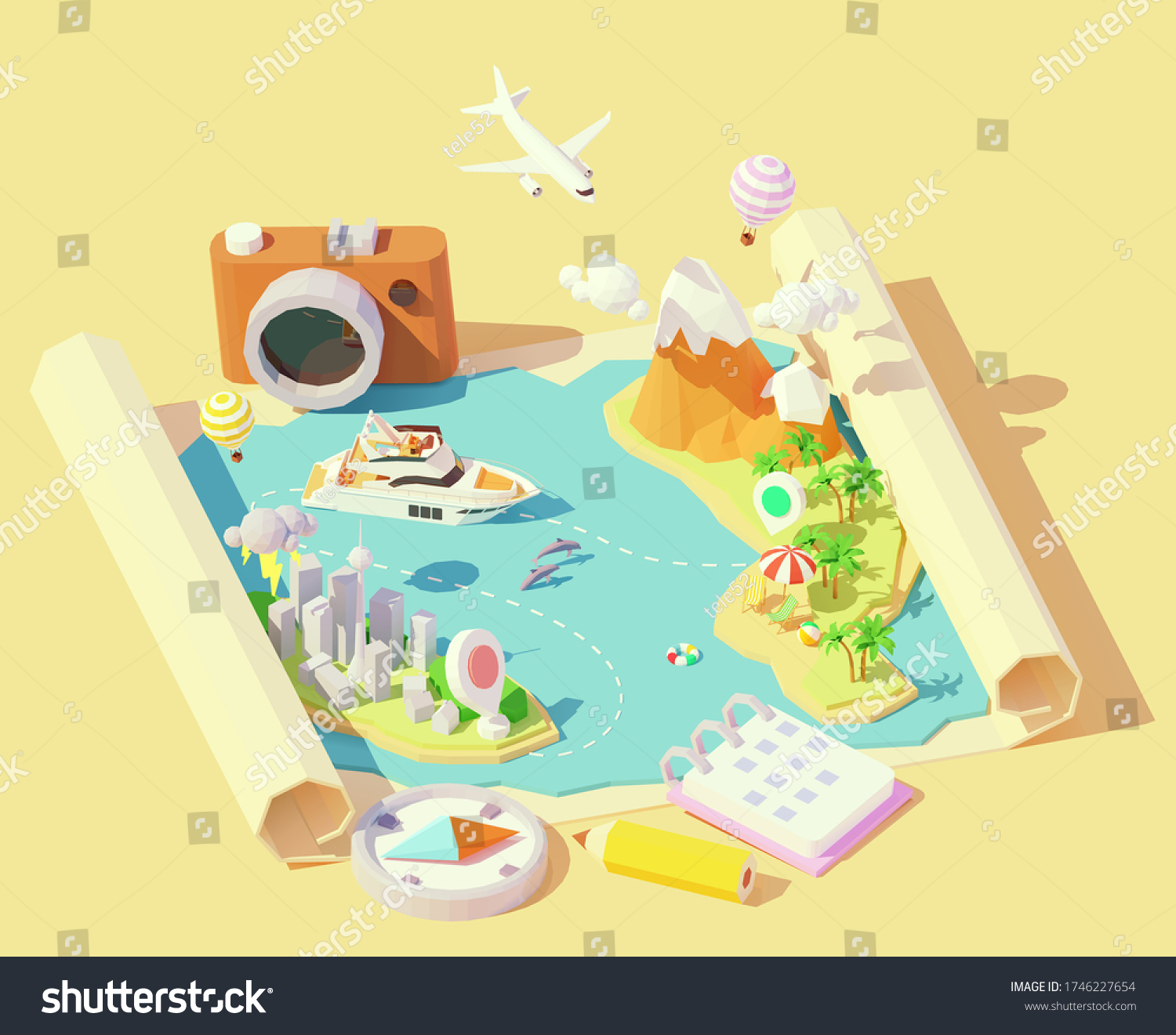 Vector isometric summer travel and vacation illustration. Summer travel map. Escape from city to tropical paradise. Airplane  yacht  balloons. Summer vacation planning with compass  calendar  camera