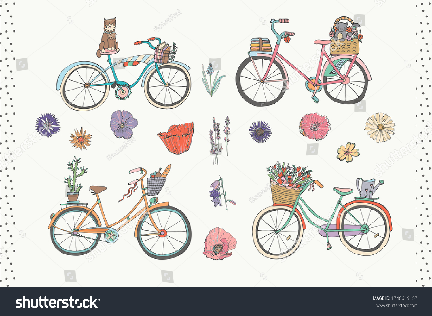 Bikes vintage with animals and flowers hand drawn cute pastel colors illustrations set