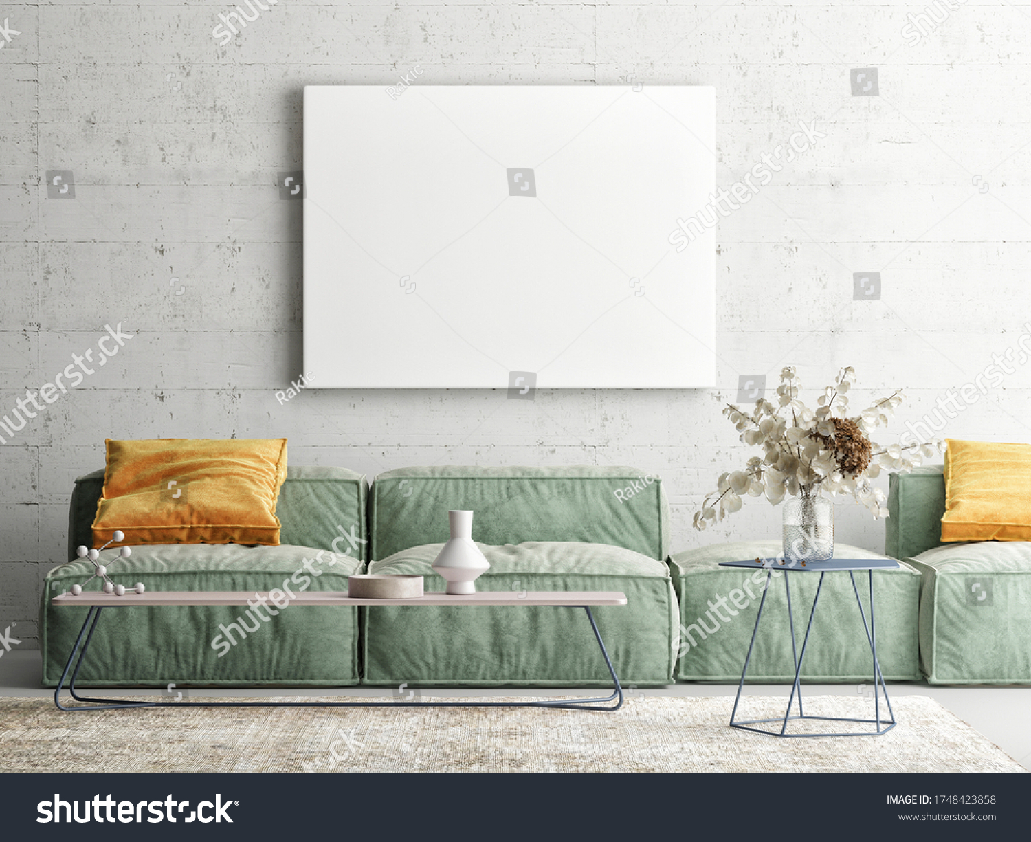 Home interior mock-up poster on concrete wall sofa and decor in Living room 3d render 3d illustration