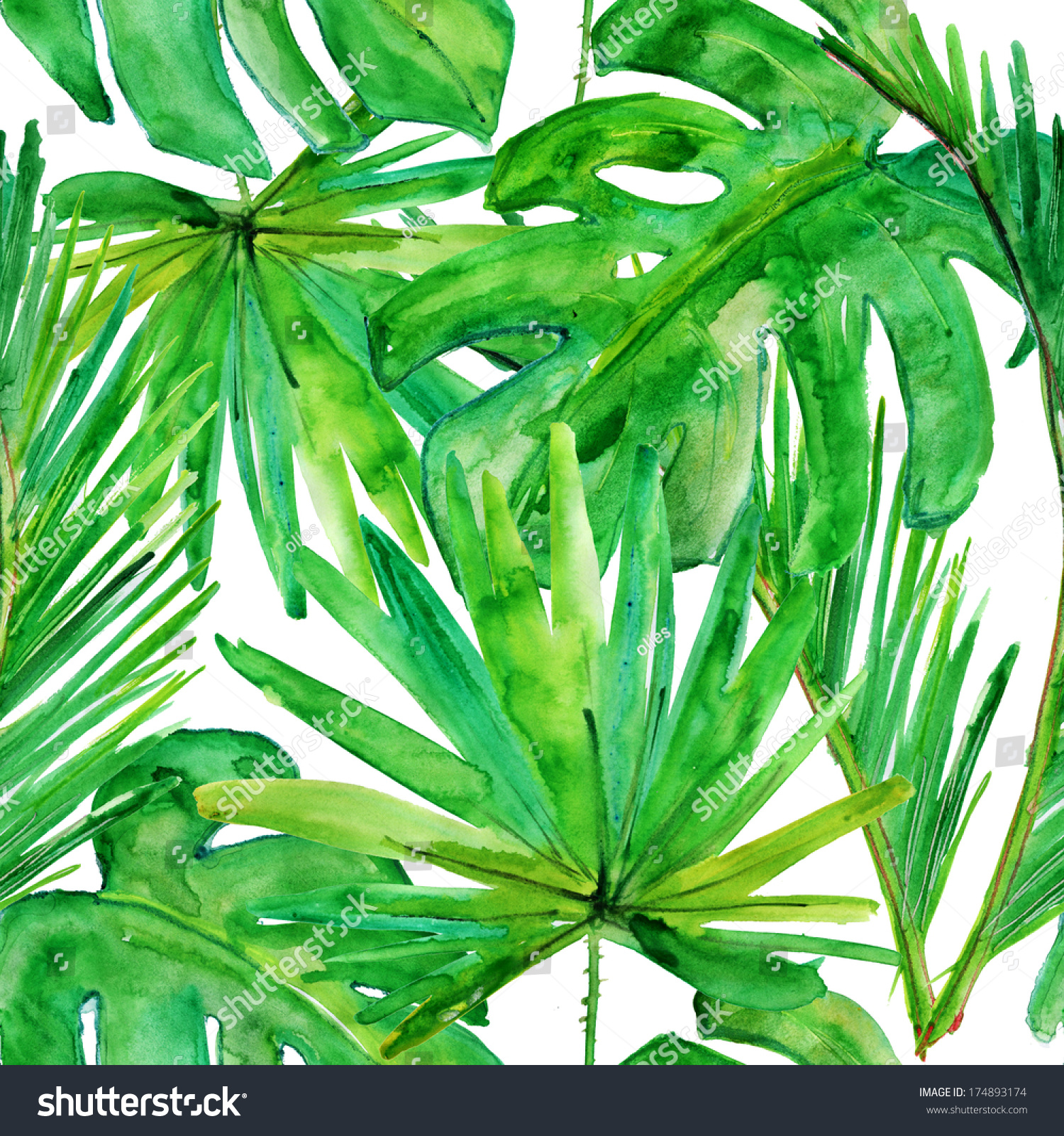 Tropical leaves. seamless watercolor background.