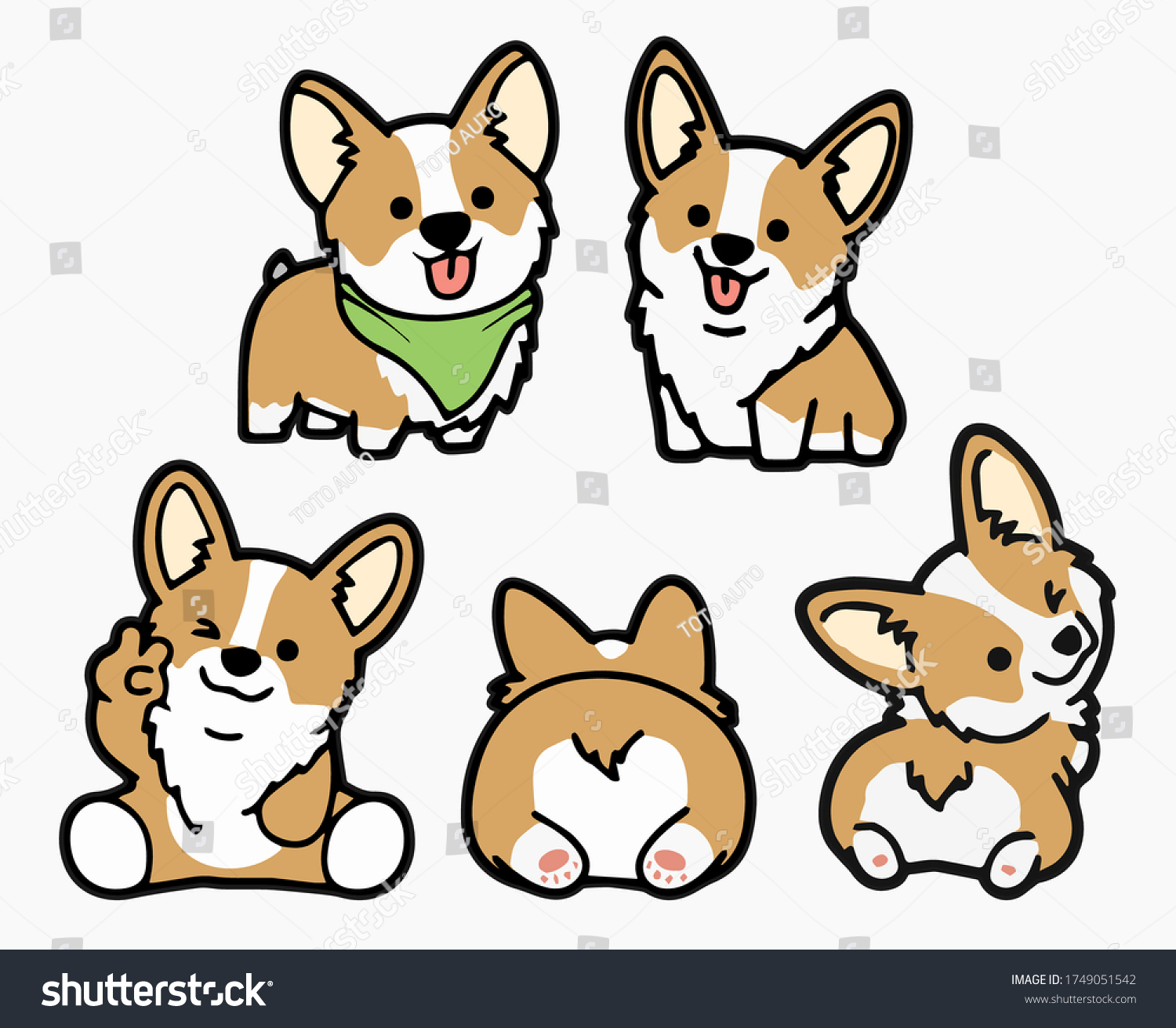 CARTOON VECTOR CUTE SMILE HAPPY CORGI DOG SET