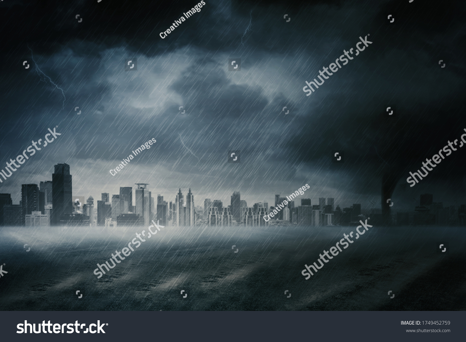 Heavy rainstorm with cloudy sky and skyscrapers view in the city
