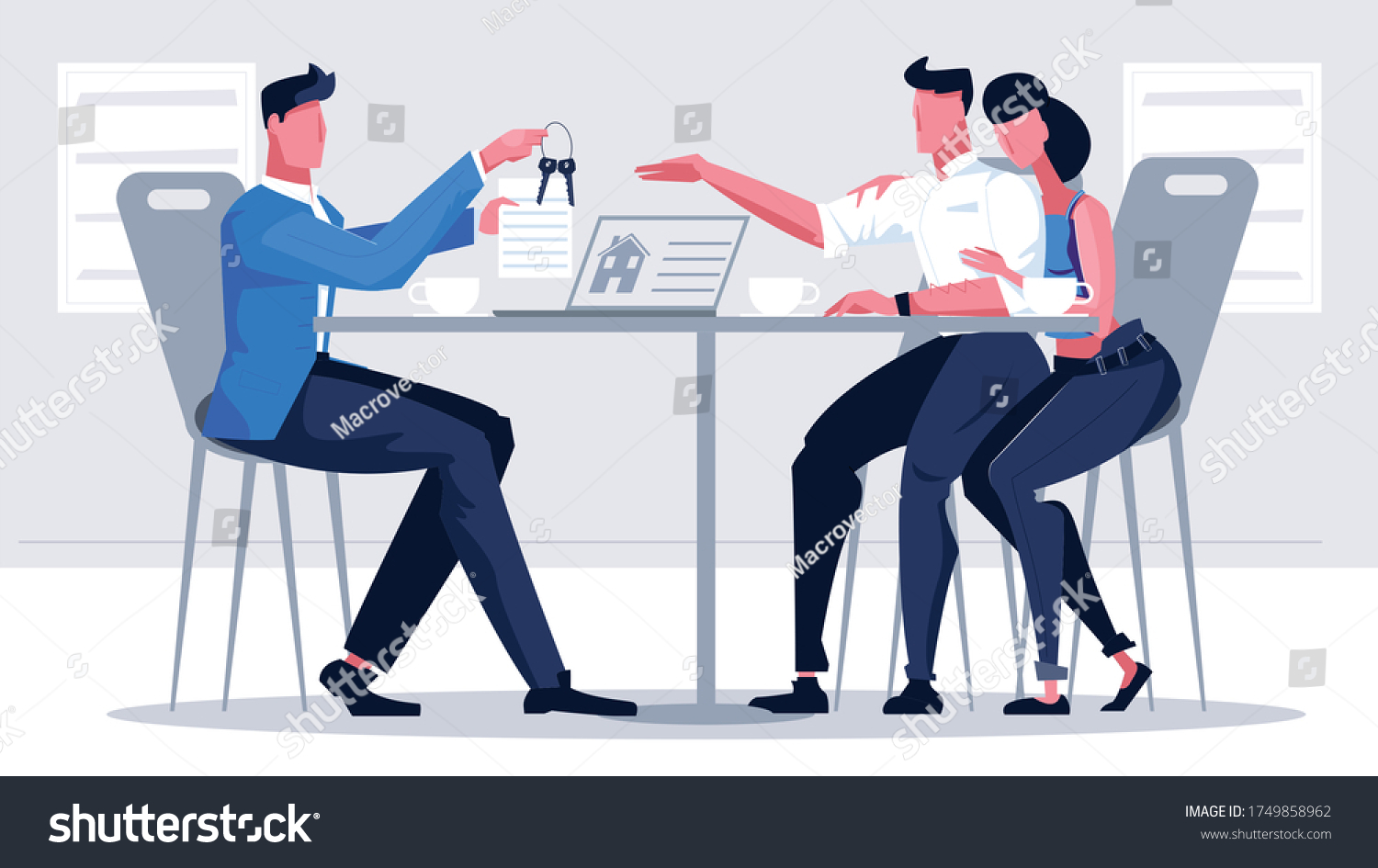 Mortgage credit bank flat composition with people at table with agent giving apartment keys to clients vector illustration