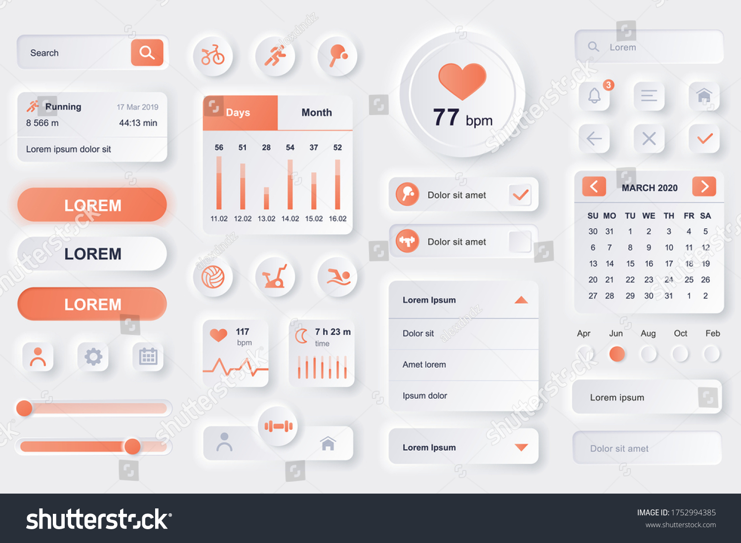 User interface elements for fitness workout mobile app. Fitness tracker  sport activity planner  heart rate monitor gui templates. Unique neumorphic ui ux design kit. Manage and navigation components.