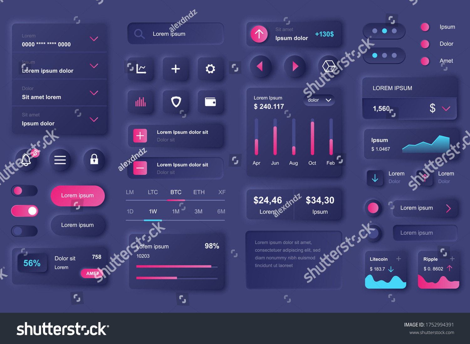 User interface elements for cryptocurrency mobile app. Cryptocurrency mining  exchange and stock trading gui templates. Unique neumorphic ui ux design kit. Manage  navigation and analytics components