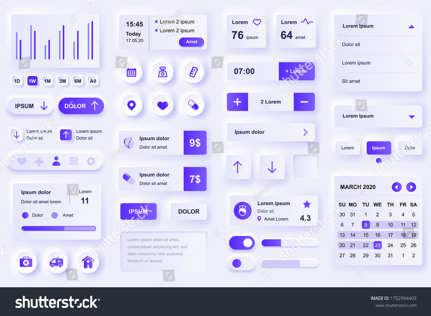 User interface elements for medical mobile app. Diagnosis and treatment  pharmacy store and laboratory gui templates. Unique neumorphic ui ux design kit. Manage  navigation  search form and components