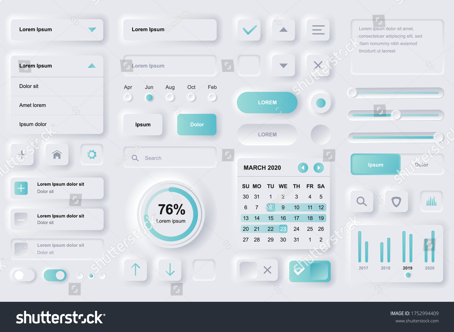 User interface elements for finance mobile app. Financial analytics  time management and planning gui templates. Unique neumorphic ui ux design kit. Manage  navigation  search form and components.