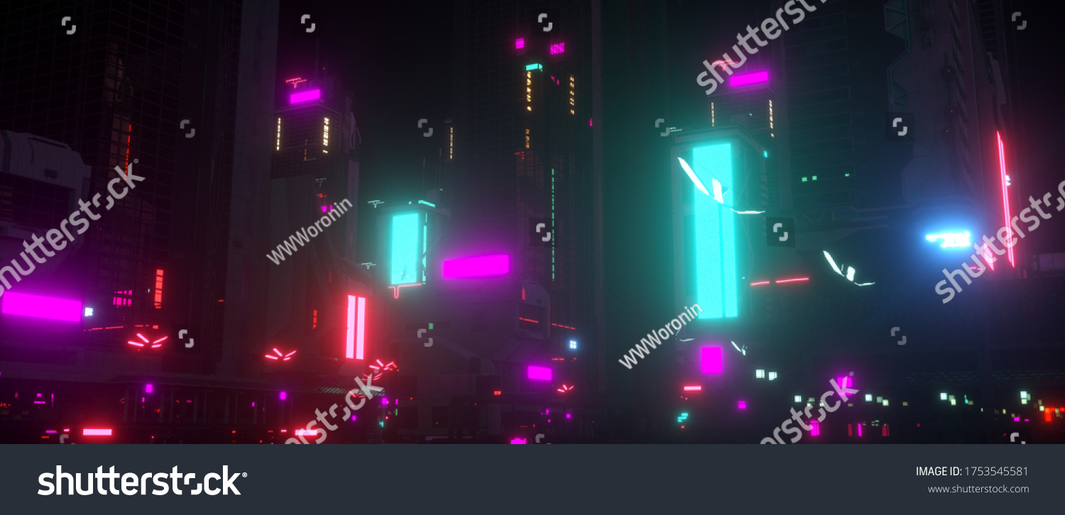 夜城灯。霓虹灯城市未来。未来派的城市以赛博朋克风格。逼真的3D插图。未来派摩天大楼 带有巨大的发光广告牌。