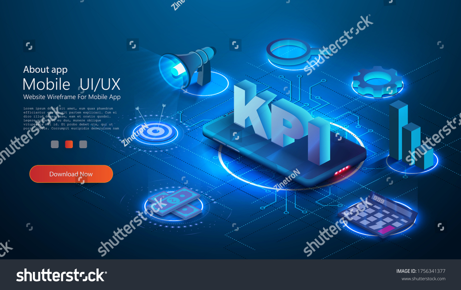 KPI business performance strategy and analysis. Provides the main points of the KPI Can use for web banner  infographics. Flat 3d isometric vector illustration isolated on blue background 