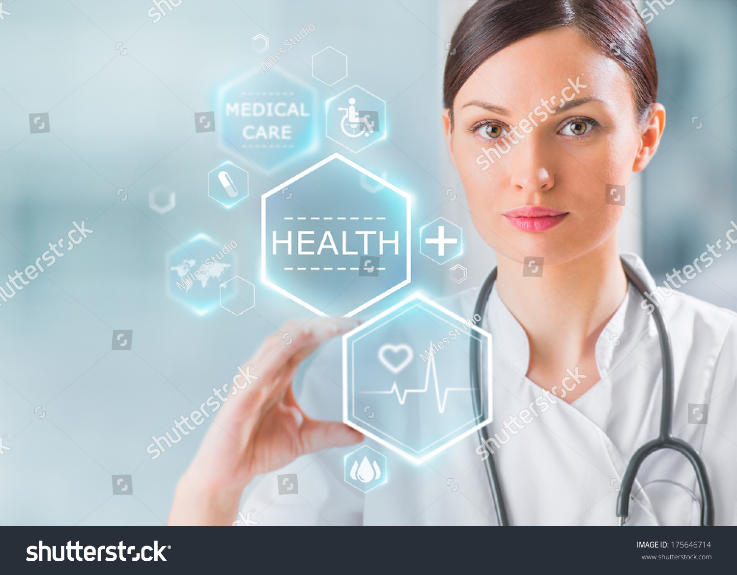 Female medical doctor working with healthcare icons. Modern medical technologies concept