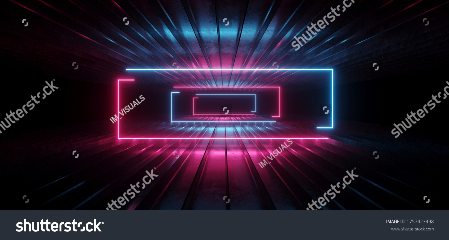 科幻霓虹框矩形激光紫色红色蓝色发光纹理地板反射混凝土金属网络合成器cyberpunk cyberpunk虚拟现实走廊车库仓库仓库漆黑的夜晚背景3D渲染