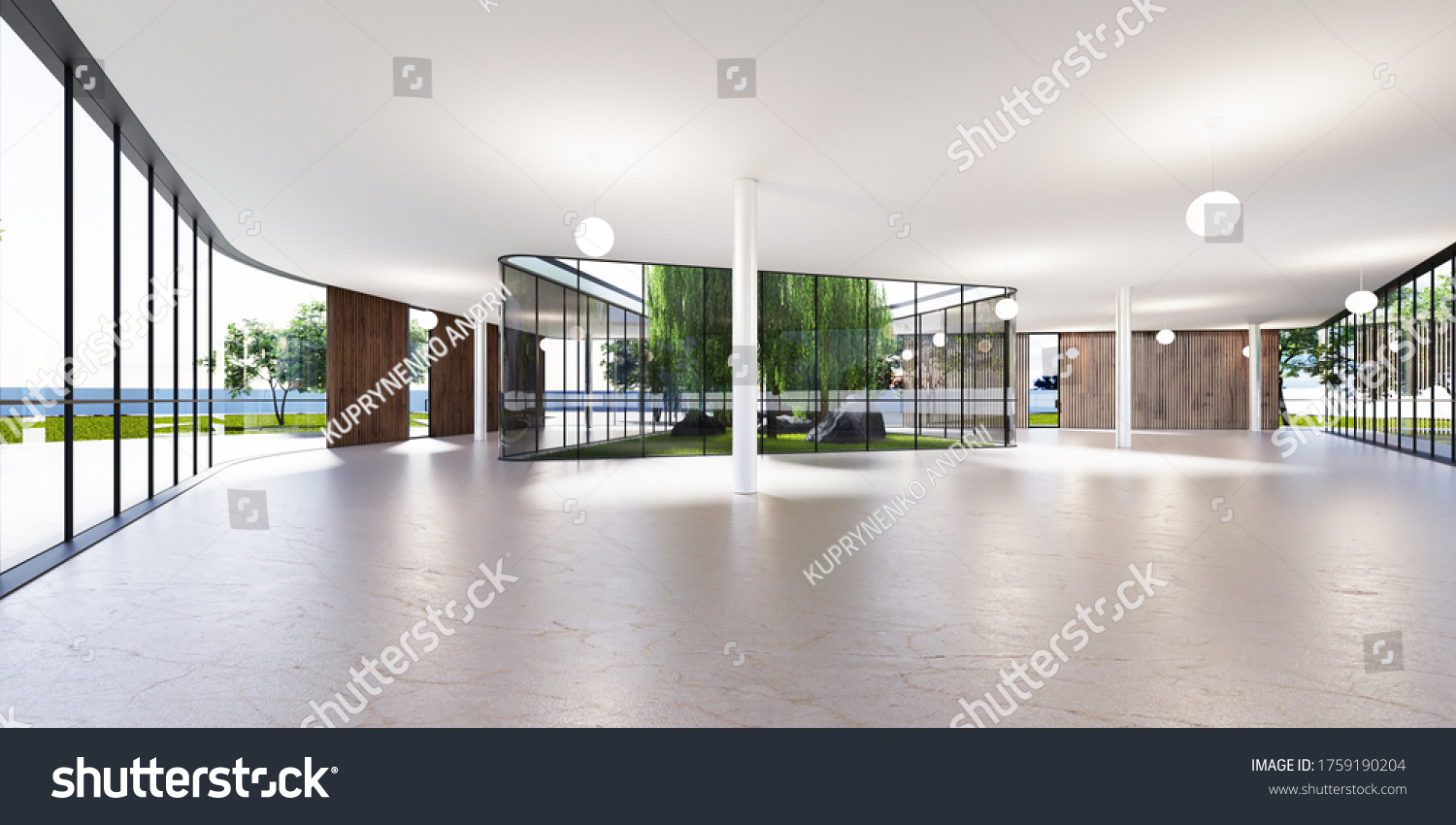 Spacious bright spatial rooms with lots of greenery behind the glass. Public premises for office gallery exhibition. 3D rendering.