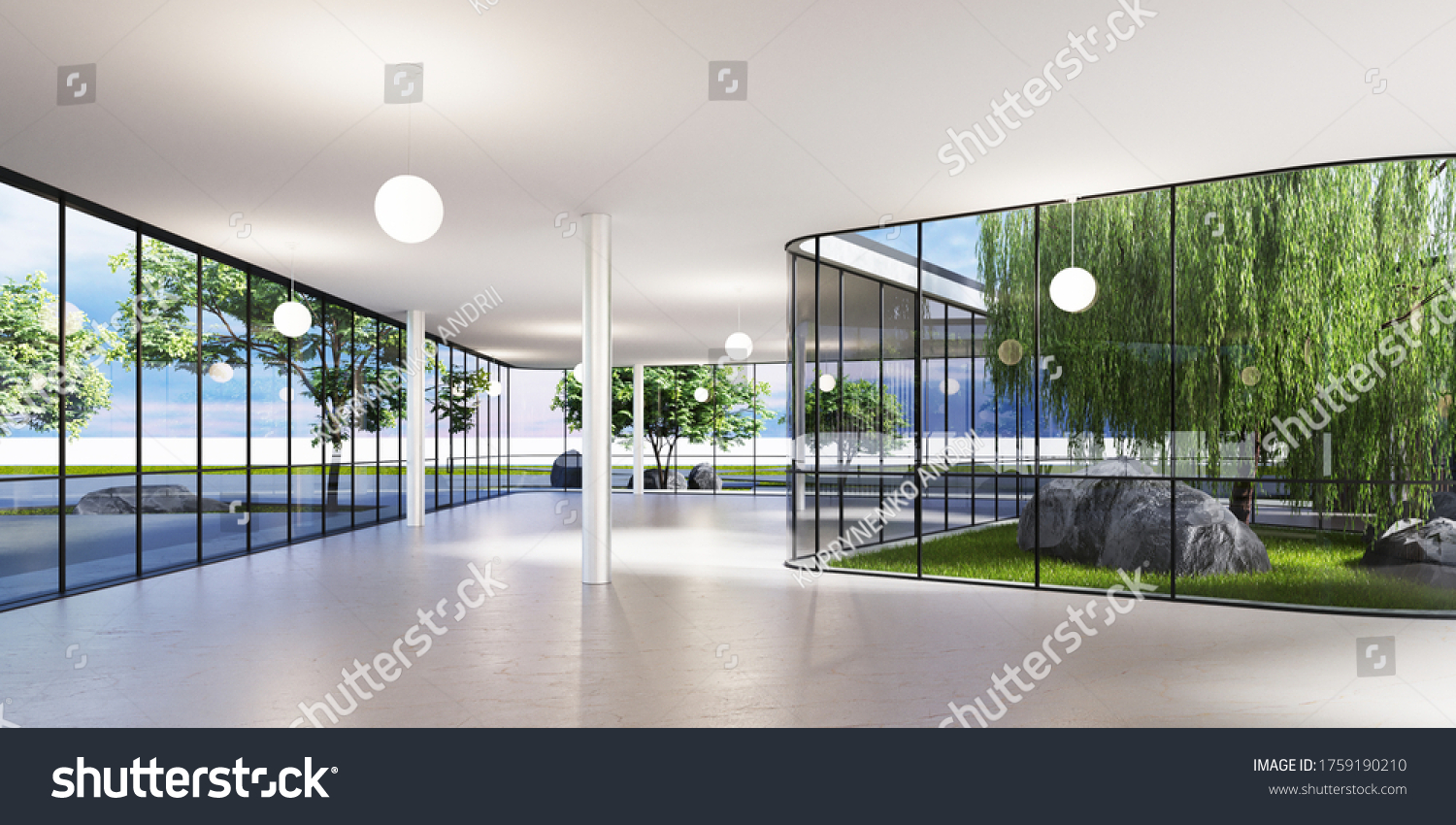 Spacious bright spatial rooms with lots of greenery behind the glass. Public premises for office gallery exhibition. 3D rendering.