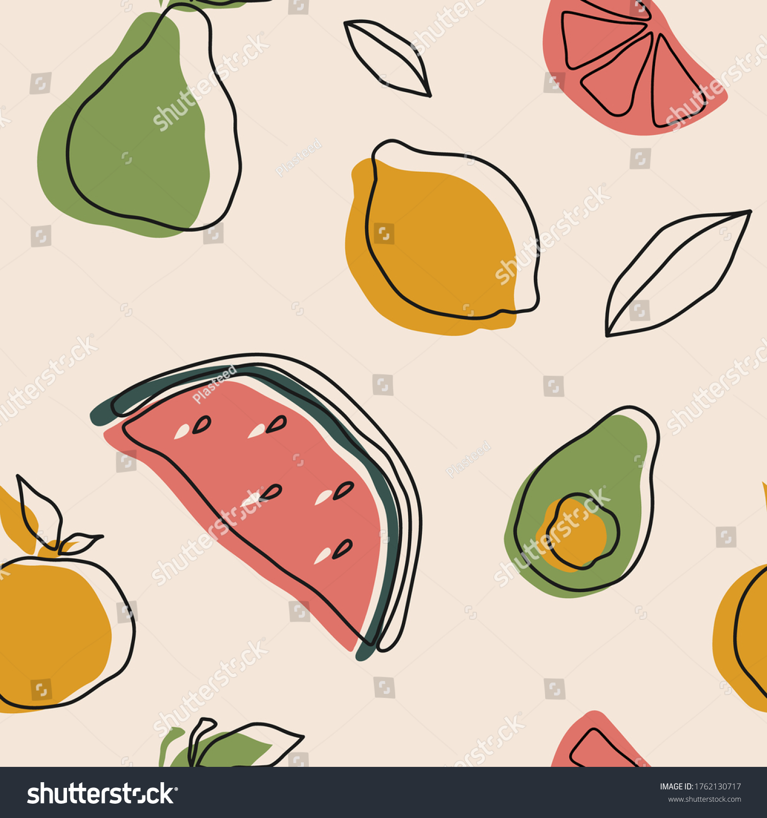 Hand drawn various fruits and doodle objects. Contemporary seamless pattern design. Trendy textile print. 