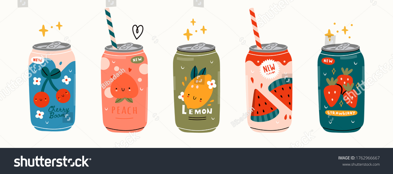 Various tasty Sodas. Hand drawn Vector set of soft Drinks in aluminum Cans. Carbonated water with different fruit flavors. Kawaii Japanese style. Trendy illustration. All elements are isolated
