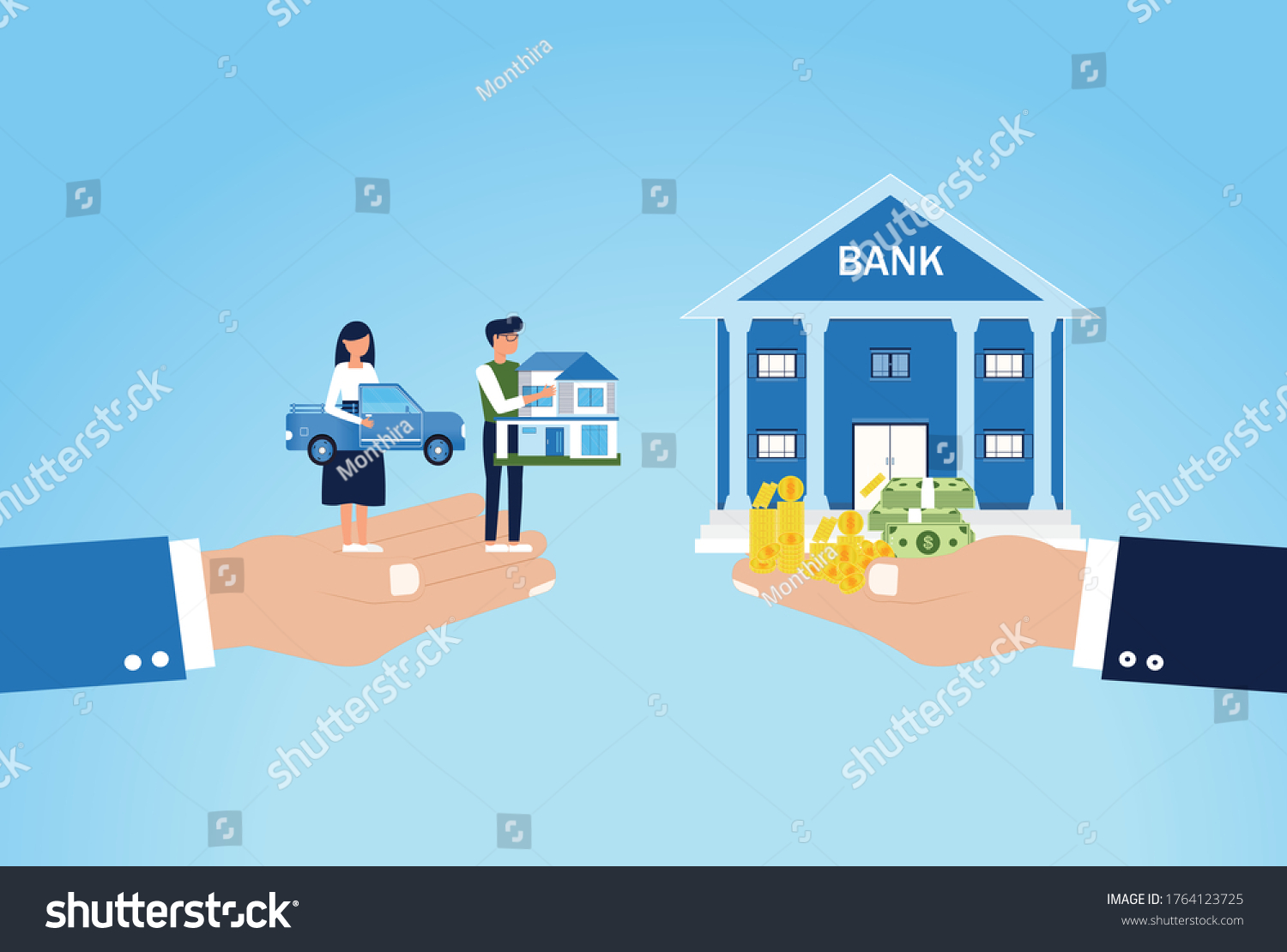 Mortgage Vector illustration of man holding model house and woman holding the car with standing at the bank building for buying real estate or mortgage Finance and Banking Property money investment