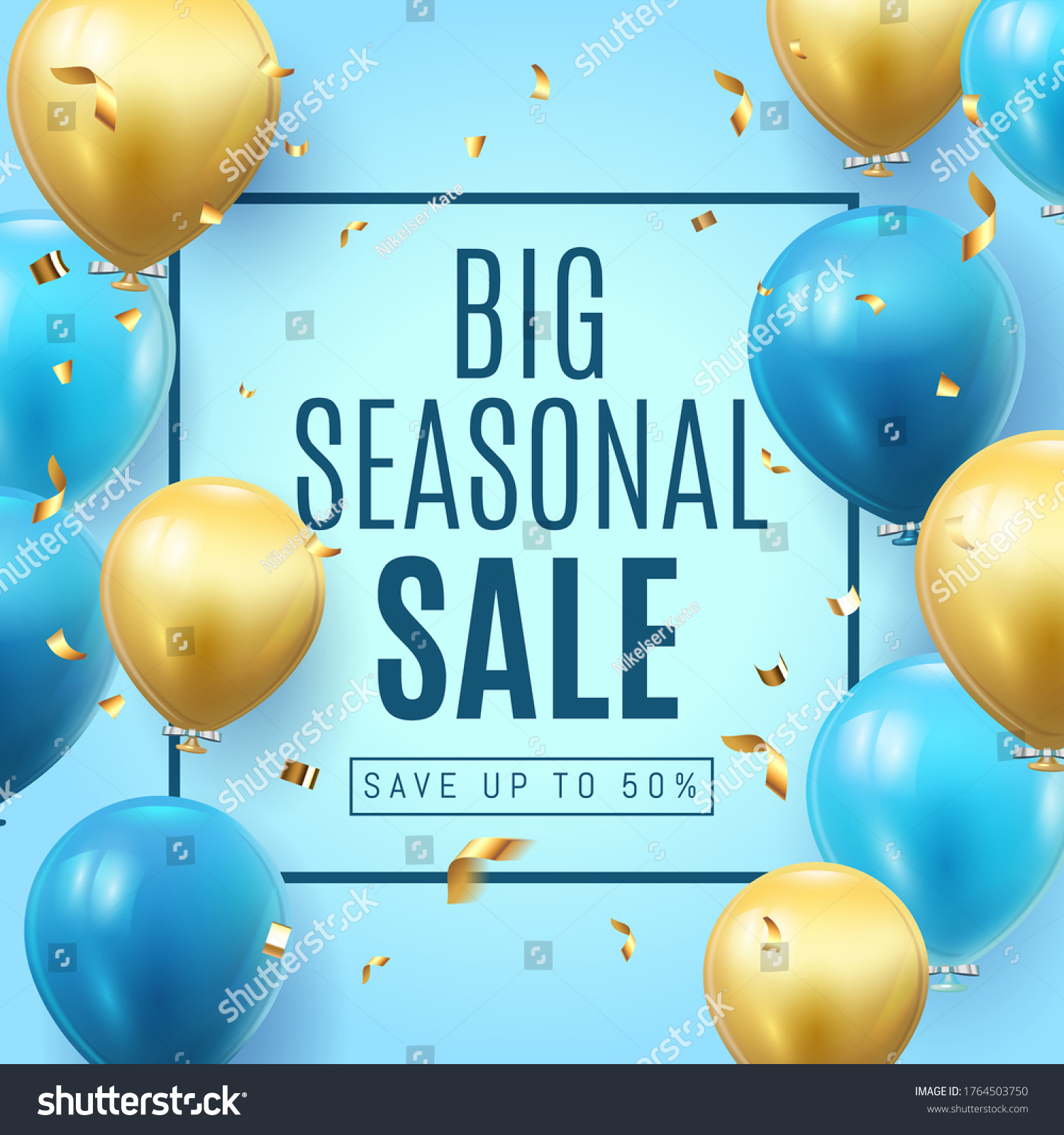 Big Seasonal Final sale text  special offer blue banner celebrate background with gold foil and blue air balloons. Realistic vector stock design for shop and sale banners  grand opening  party flyer.