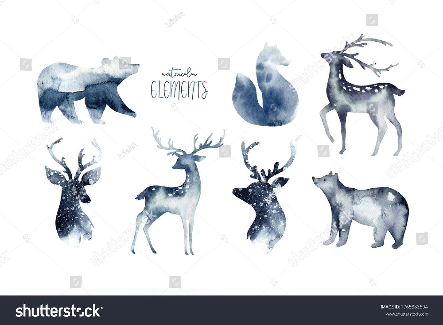 Watercolor winter forest with deer head. Christmas tree landscape with Pine Trees fir in the Mountains. Hand painted Isolated on white Background. Snow holiday
