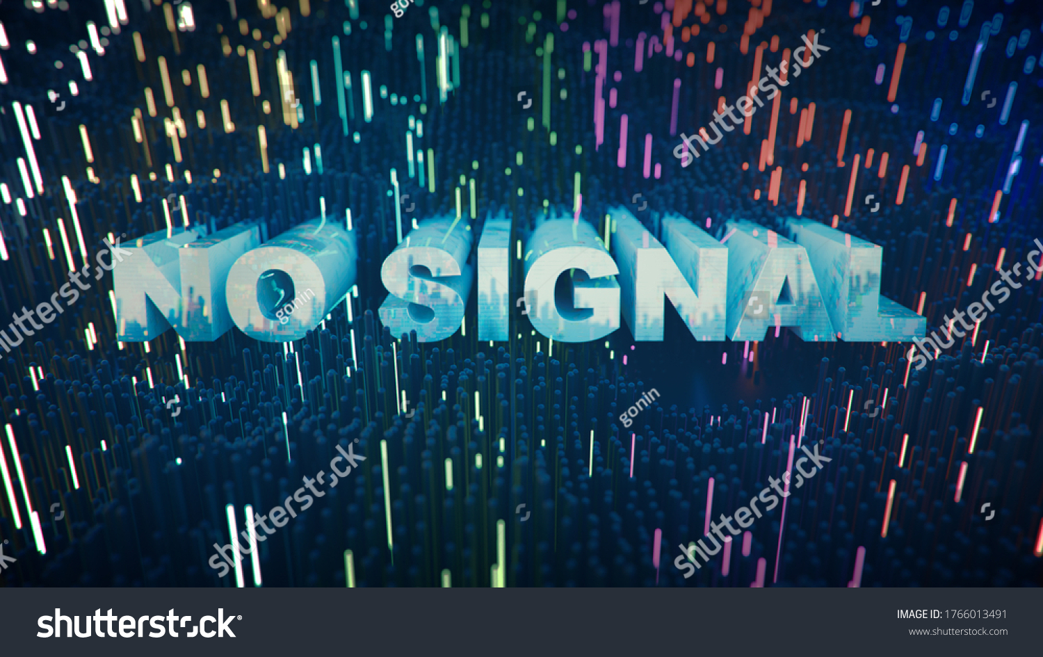 Colorful TV test bars with no signal message. Streaming data malfunction concept. 3D render with depth of field