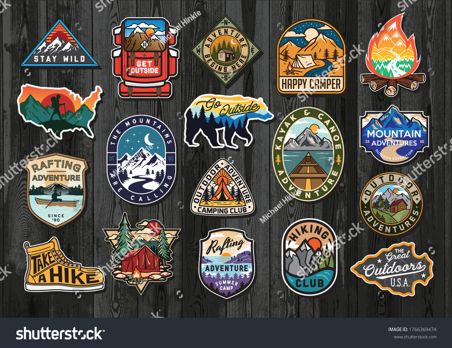 Set of Vintage Outdoor Summer Camp Logo Patches on Wood board. Hand drawn and vector emblem designs. Great for shirts  stamps  stickers logos and labels.