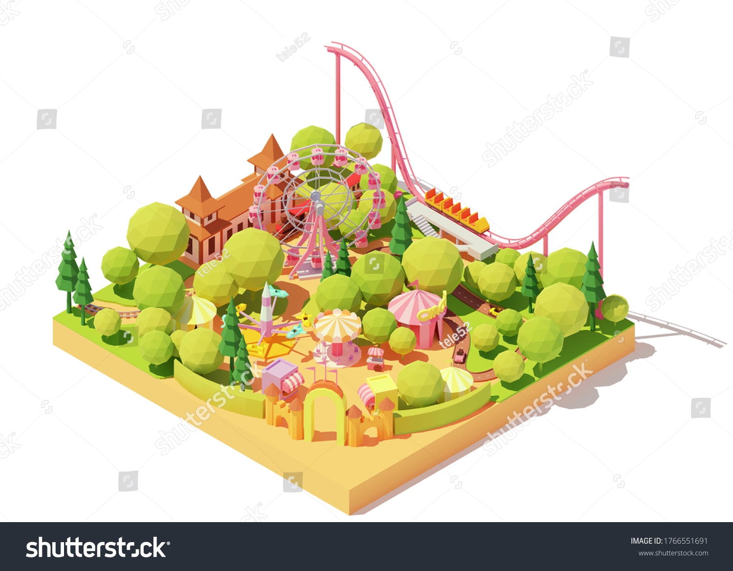 Vector isometric amusement park map. Theme park with Ferris wheel  roller coaster  carousels  bumper cars  circus and other amusement rides. Funfair illustration