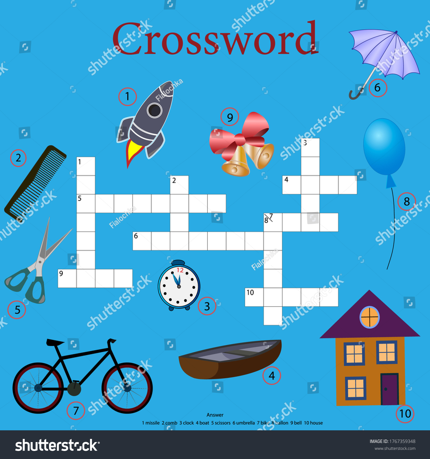 Crossword puzzle for children with various objects and objects that ...