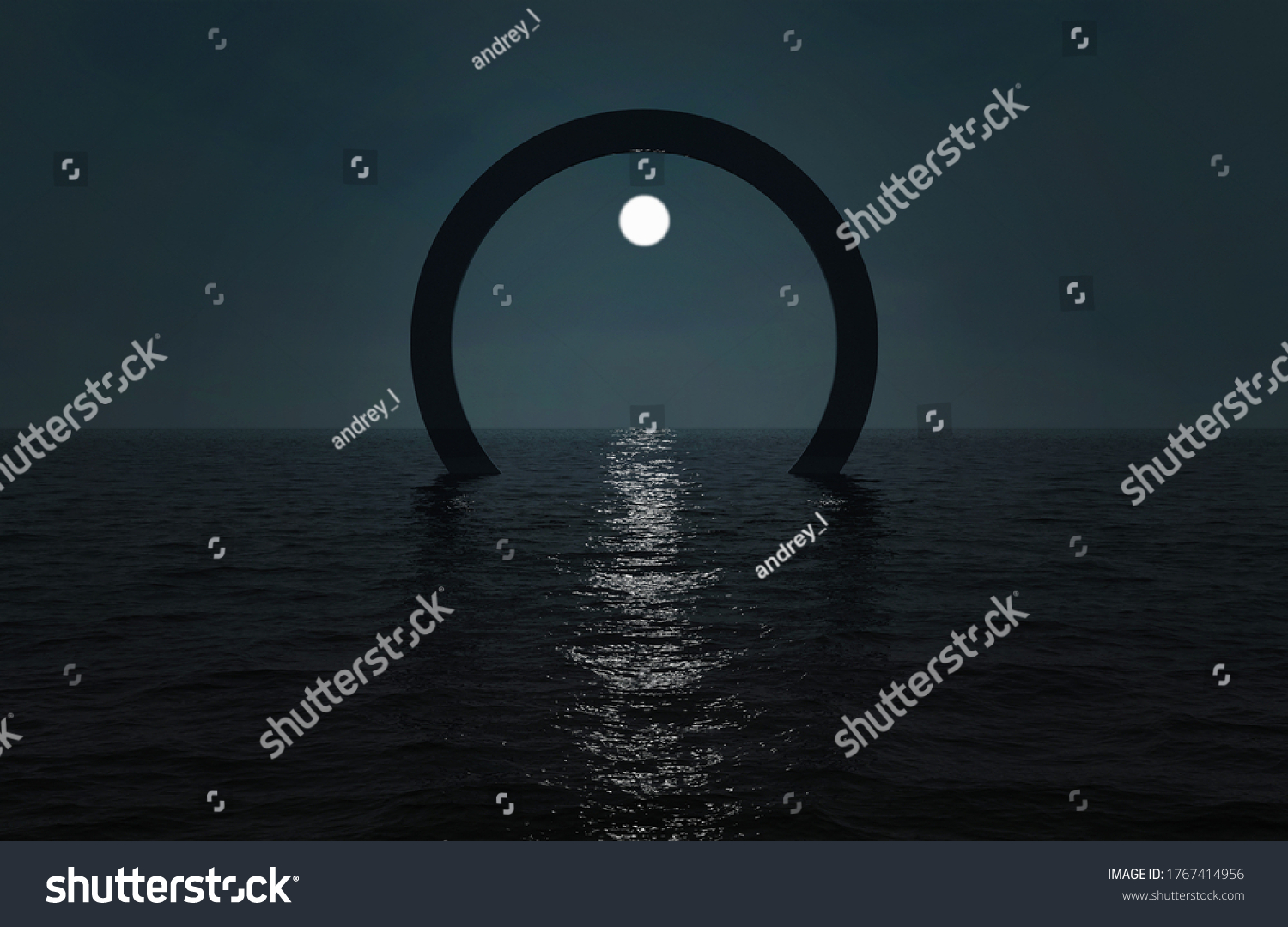 Night sea landscape with surreal arch construcrion and moon. 3d rendering image