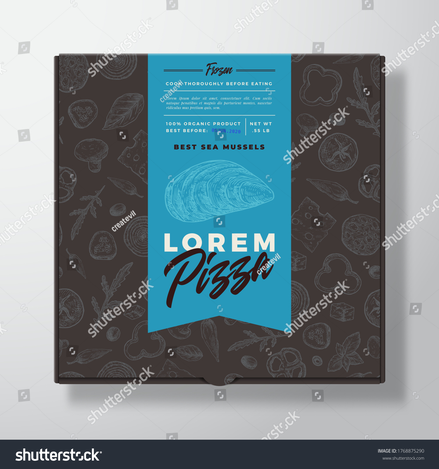 Mussels Seafood Frozen Pizza Realistic Cardboard Box. Abstract Vector Packaging Design or Label. Modern Typography  Sketch Seamless Food Pattern. Black Paper Background Layout. Isolated.