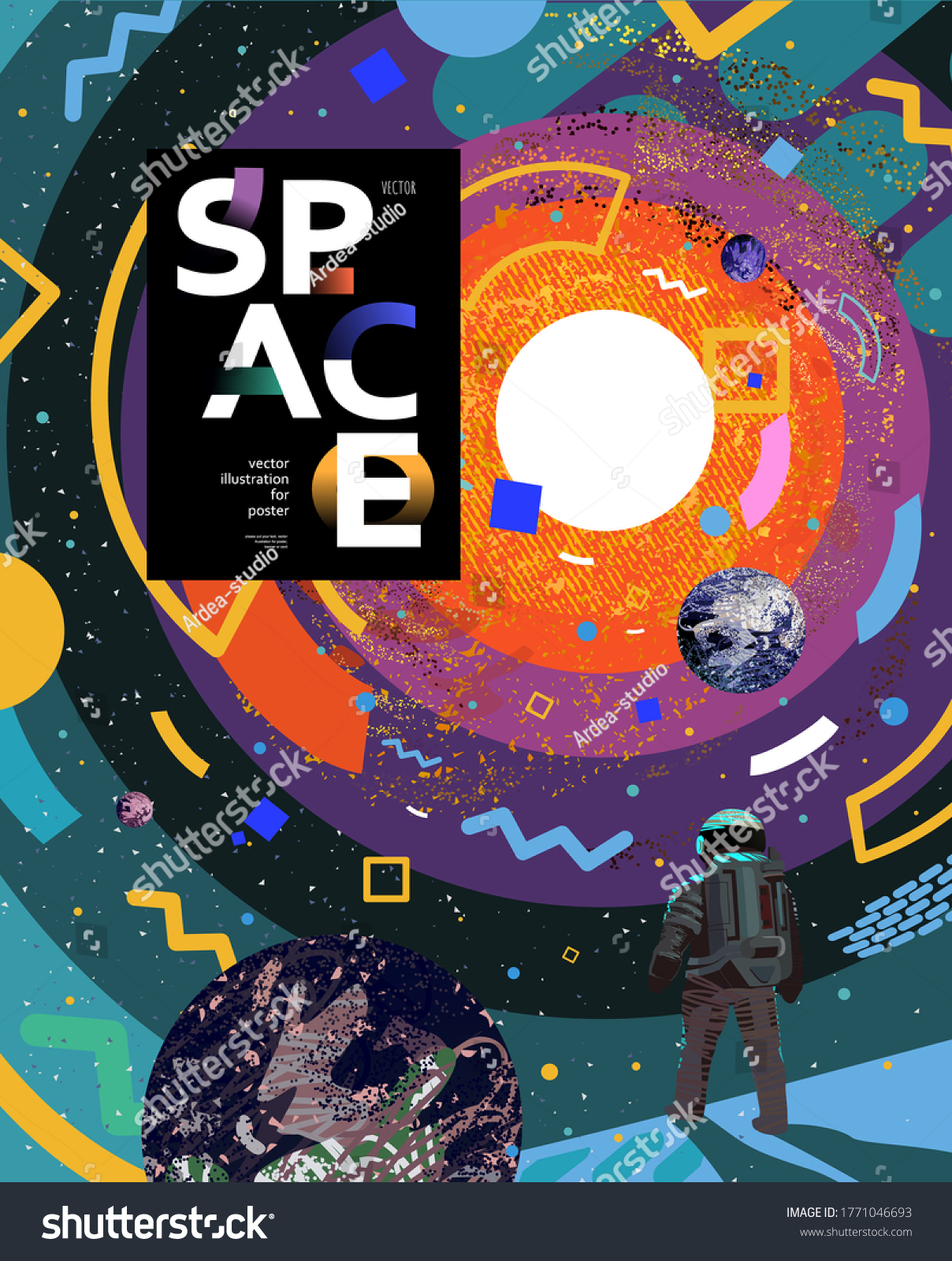 Space and astronaut banner template. Vector illustration of cosmonaut stands on surface  planets  solar system  abstract bright design of the galaxy universe. Drawings for poster  banner or postcard