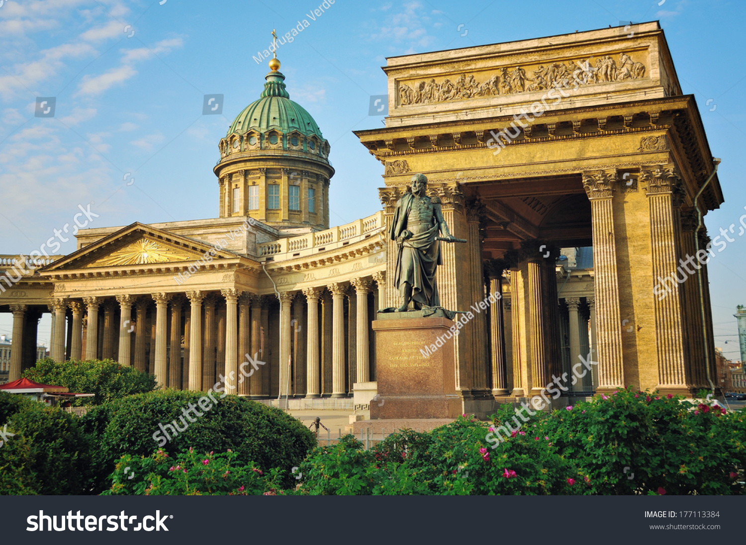 Cathedral of Our Lady of Kazan Russian Orthodox Church with Kutuzov statue in Saint Petersburg Russia