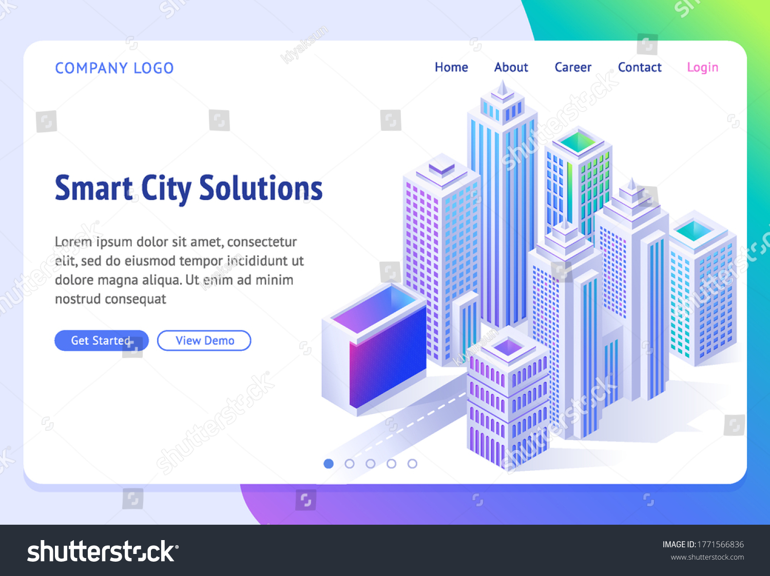 Smart city solutions banner. Isometric futuristic town with skyscrapers  buildings and road. Vector landing page for company website  innovation in urban infrastructure