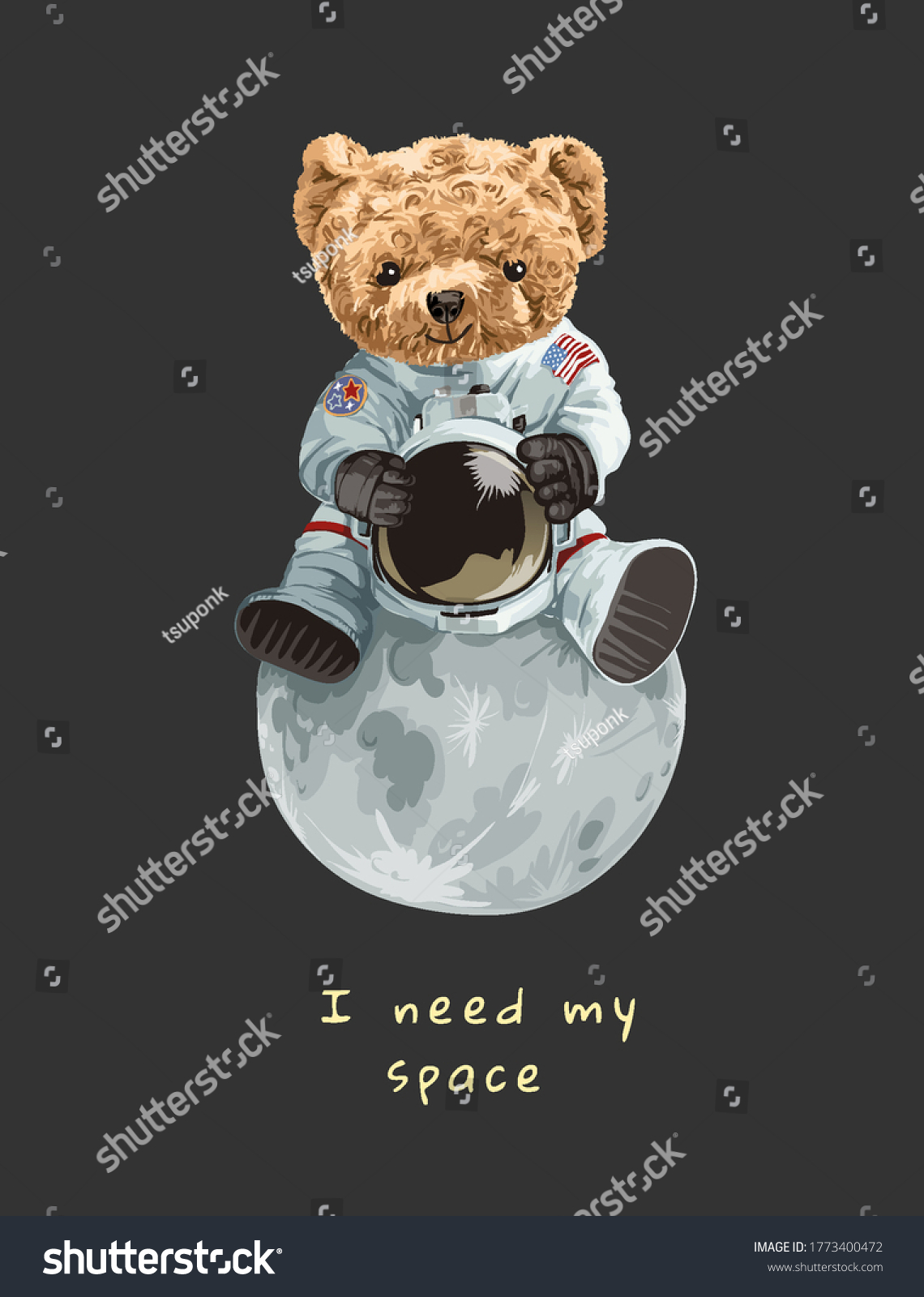 cute bear toy in astronaut costume sitting on the moon illustration