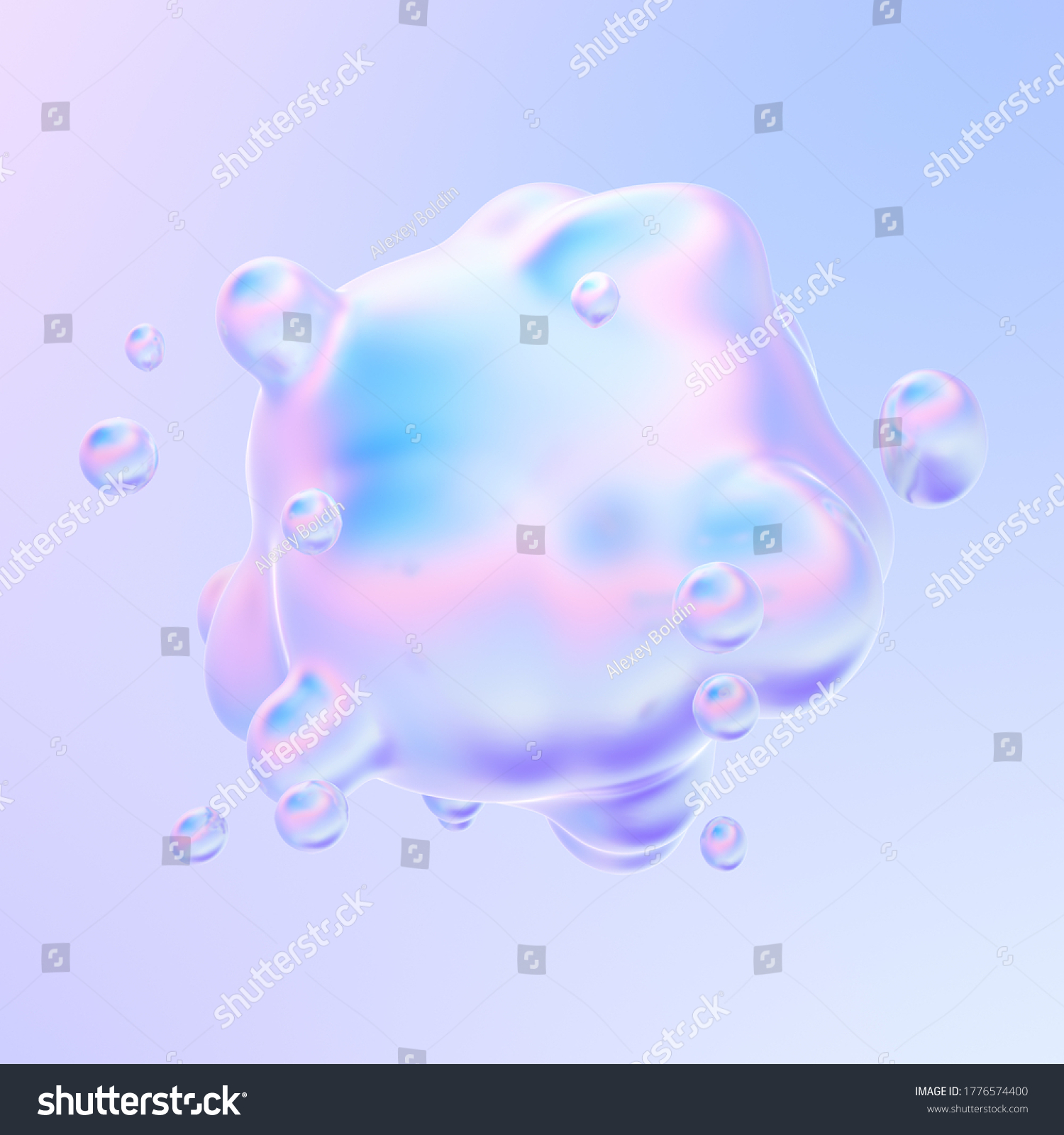 Abstract liquid holographic gradient shape. Liquid metal bubbles splash. Fluid neon morphing bubbles. 3d rendering.