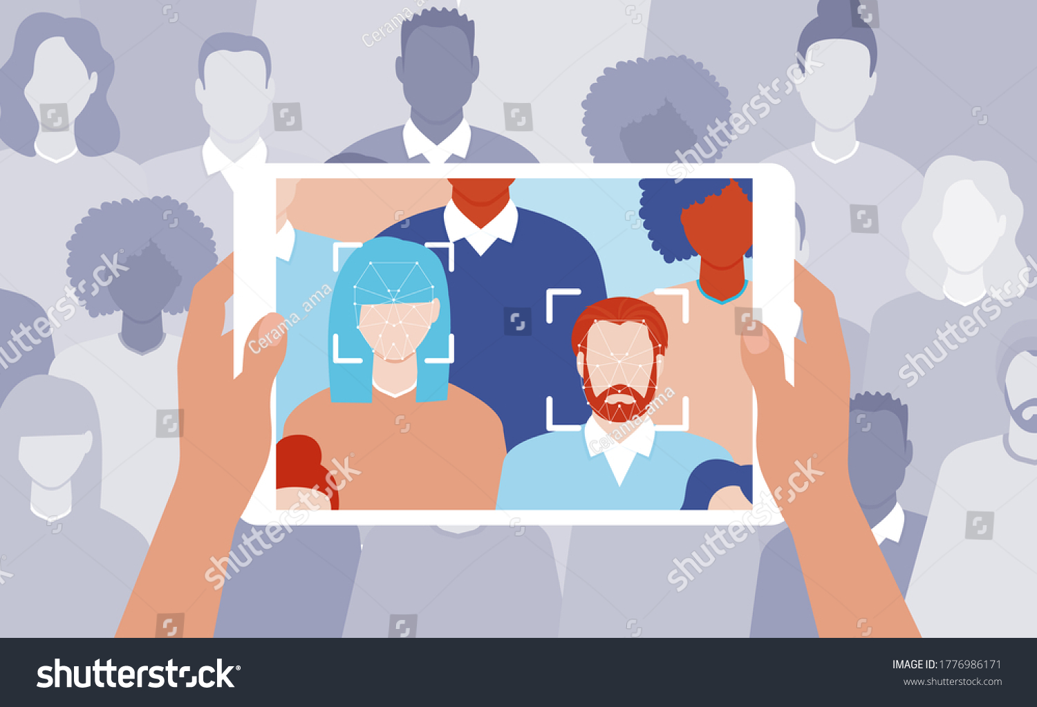 Face recognition concept. Artificial intelligence technology. Men and women faces scanning. AI algorithms. People search in the crowd. Hands holding tablet. Vector illustration.