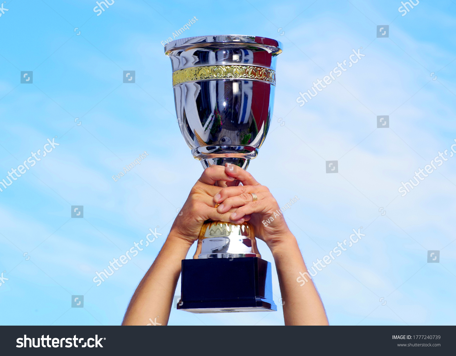 First price to winner  cup trophy in silver and gold. Hands holding it up  cloudy but blue sky.
