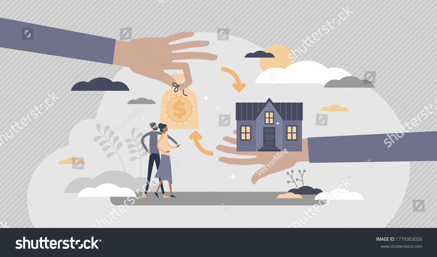 Mortgage financial bank instrument for new family house flat tiny persons concept. Couple loan for real estate purchase vector illustration. Abstract key exchange and agreement process visualization.