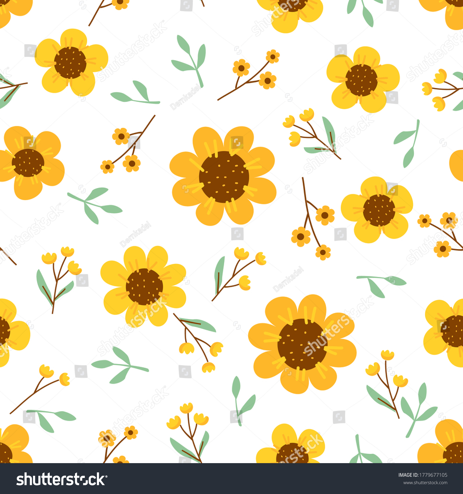 Floral seamless pattern with hand drawn sunflower and little daisies ...