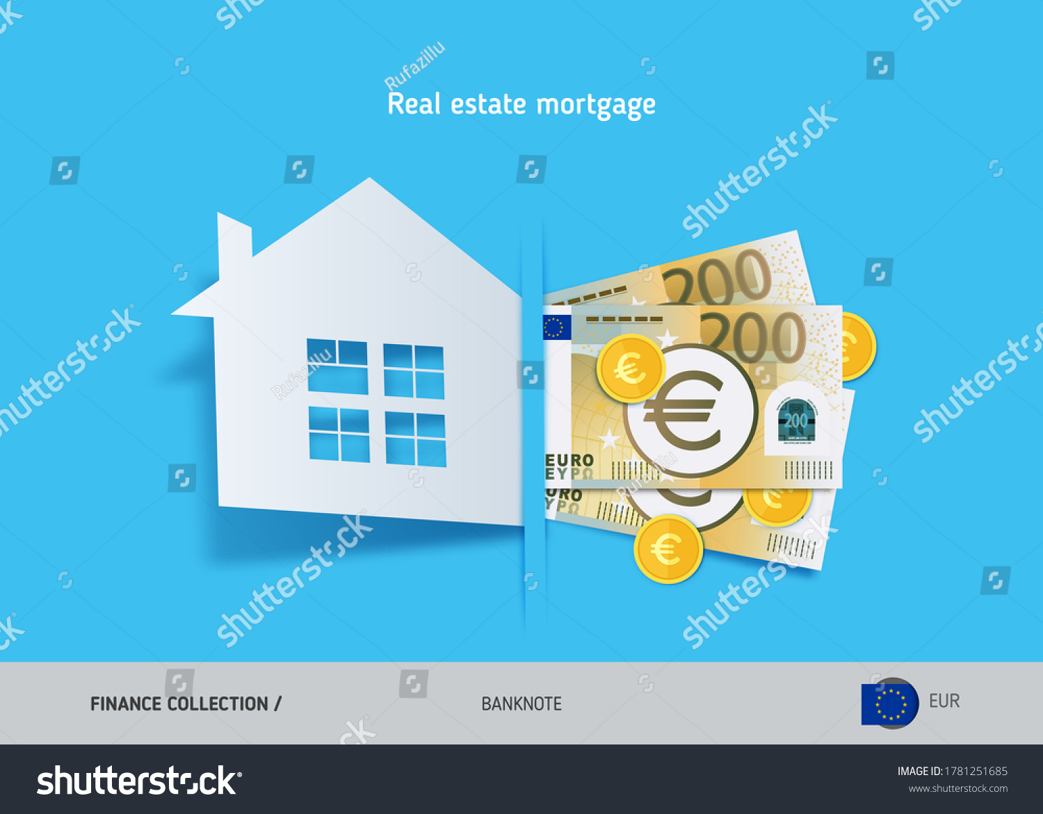Real estate mortgage concept. 200 Euro banknotes and gold coins. Flat style vector illustration.