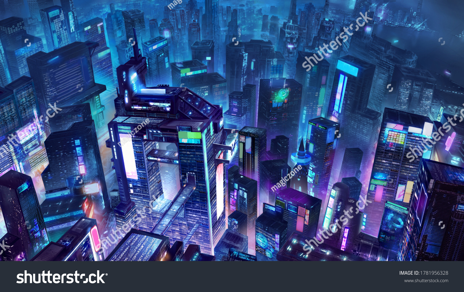 Cyber​​punk City Fantasy 2D插图设计游戏概念