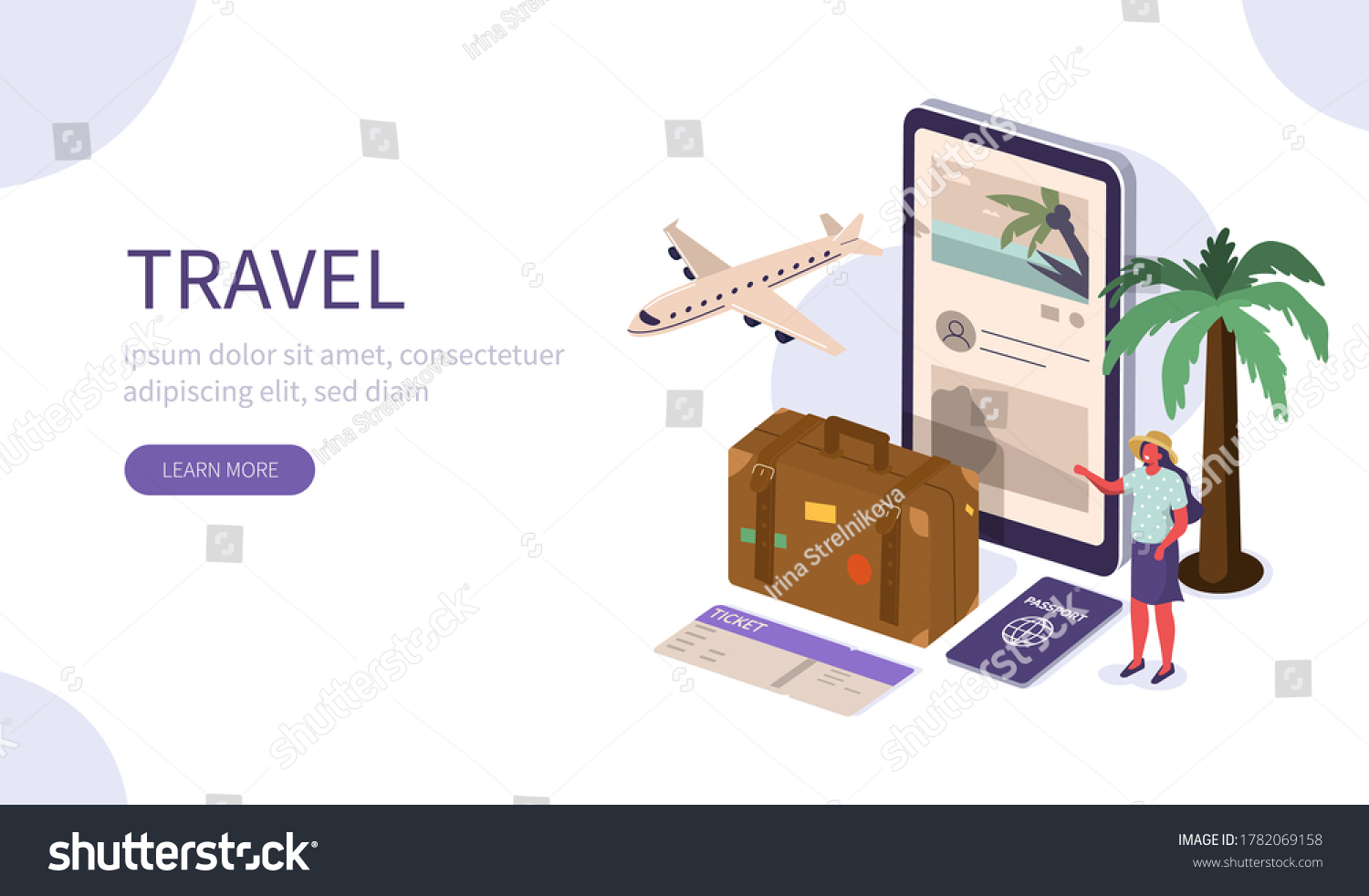 Woman with Packed Luggage Booking Hotels and Buying Flying Tickets in Mobile App. Travel and Summer Vacation Concept. Flat Isometric Vector Illustration.