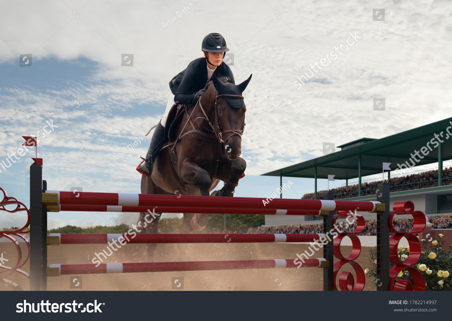Equestrian sport. Young girl rides on horse on championship.