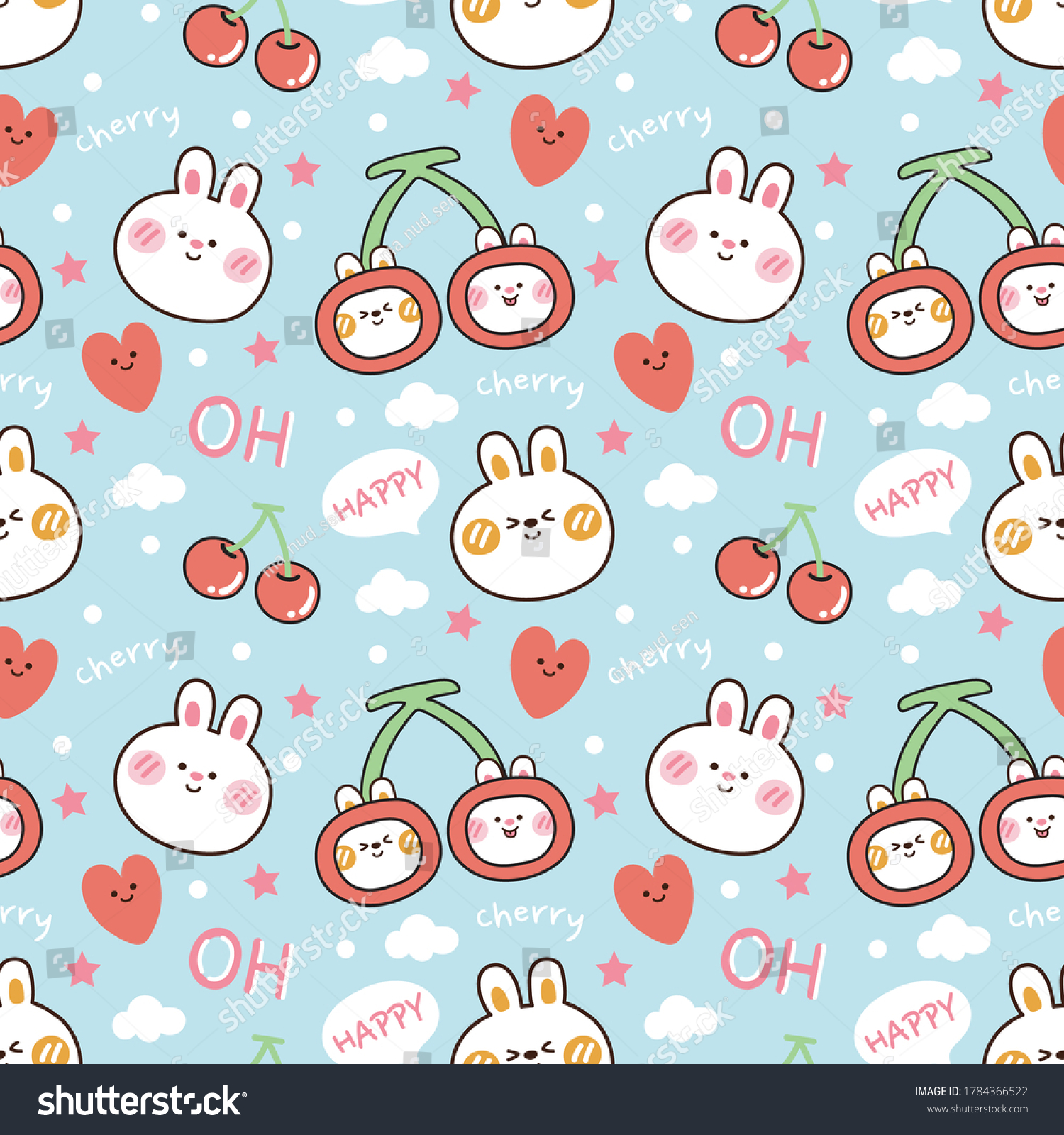 Seamless Pattern Of Cute Rabbit With Cherry On Blue Background Animal Seamless Pattern Of Cute Rabbit With Cherry On Blue Background Animal