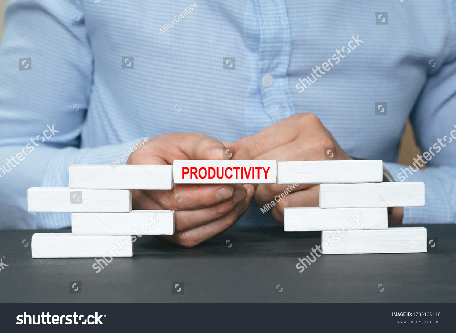 Businessman building wooden blocks with PRODUCTIVITY Concept and copy  space.
