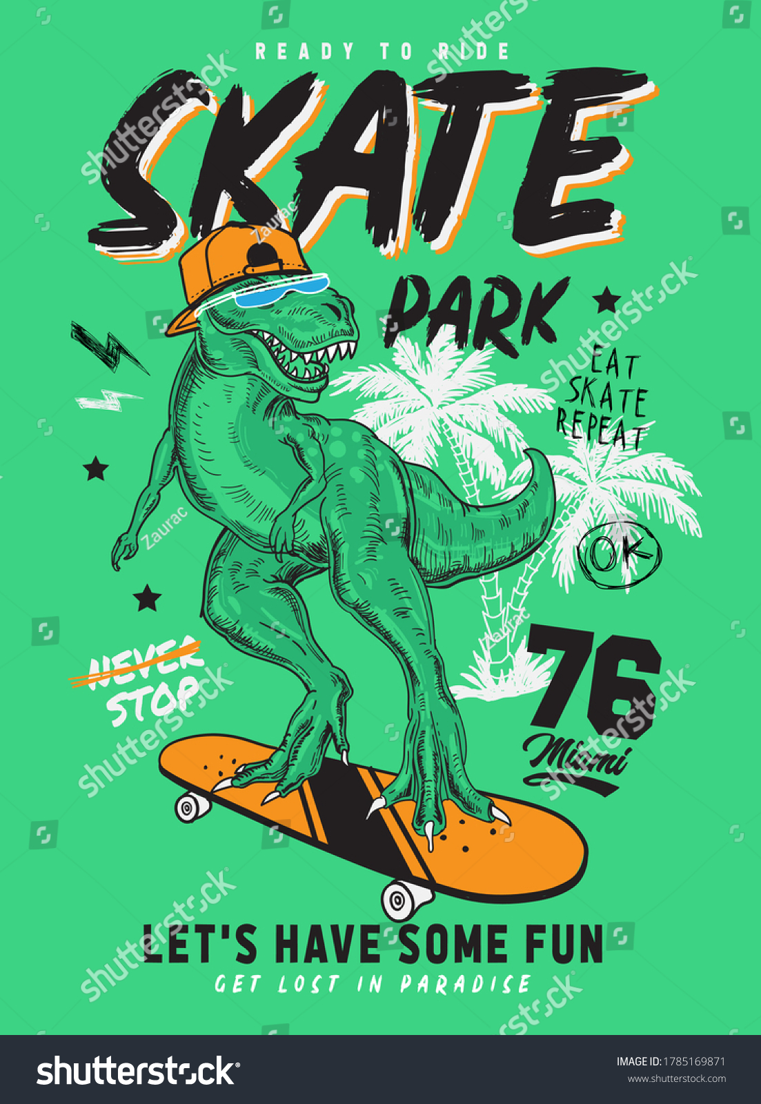 Skater dinosaur wearing a hat on skateboard with yellow background and palm trees for printing and general use.
